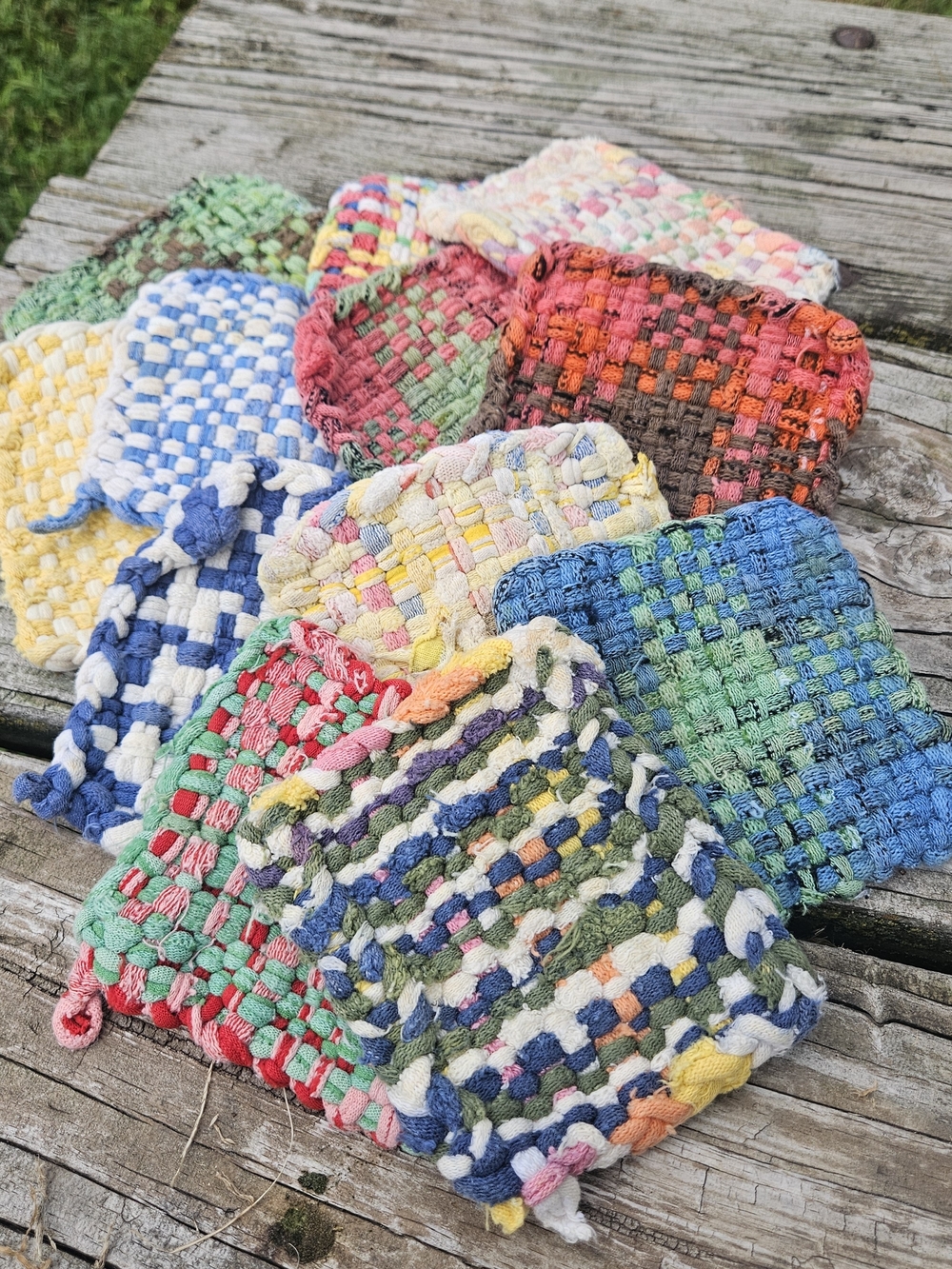 Colorful Handmade Woven Potholders and Hot Pads Made from Cotton Jersey Loops